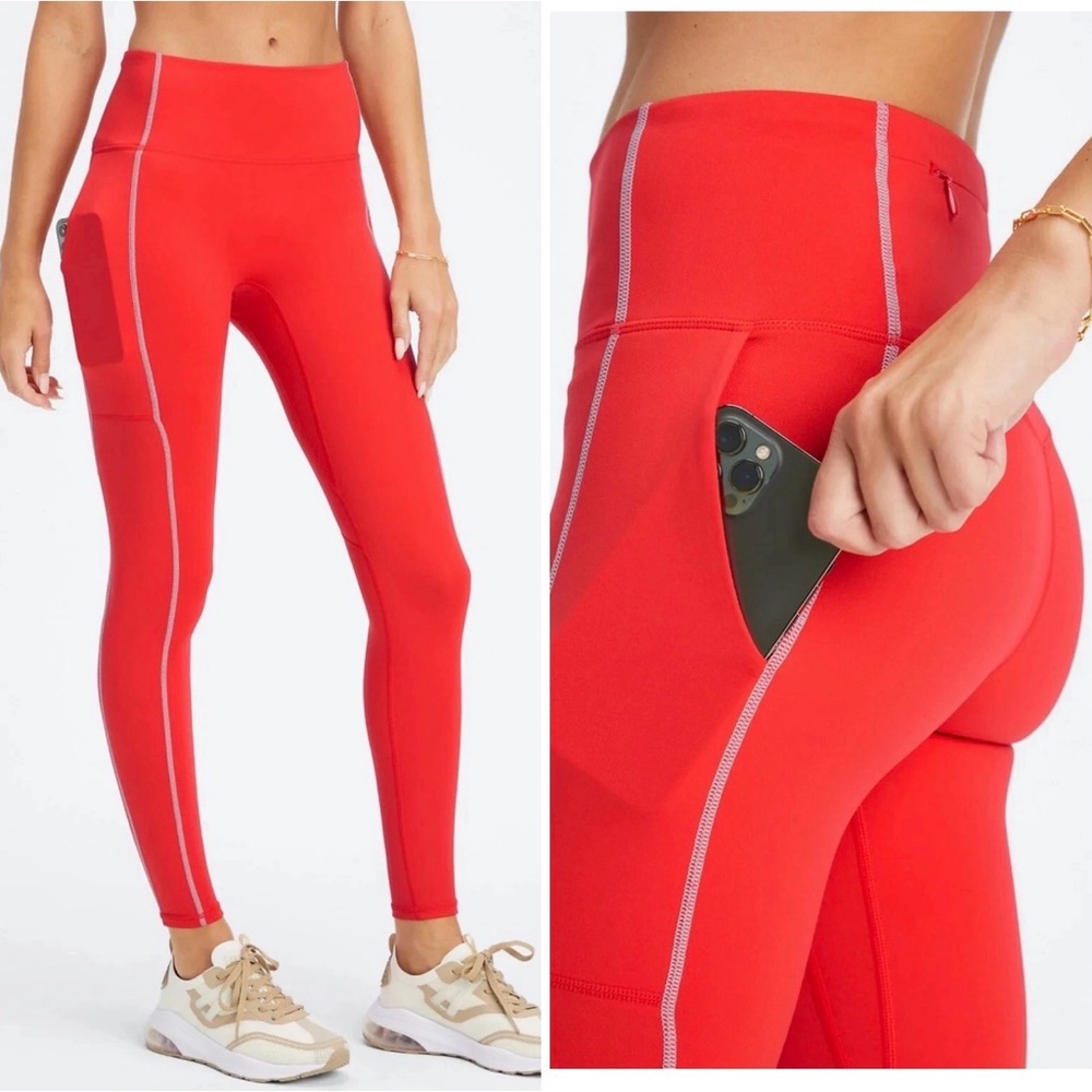 🎠Fabletics trinity utility phone zipper pocket leggings high waist red gray L/XL